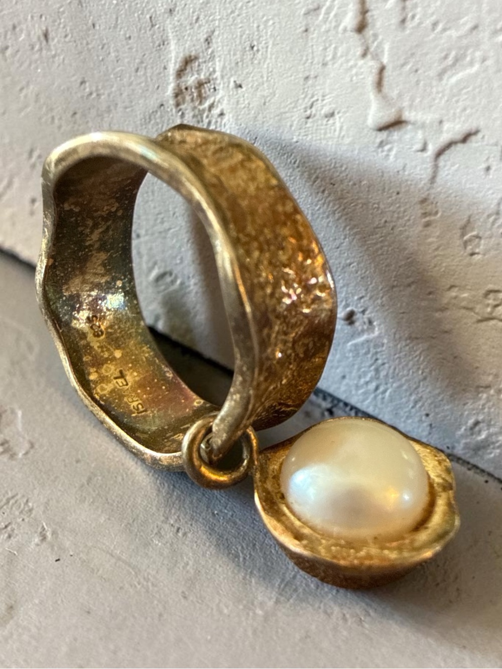 Vintage Israel Vermeil 925 Sterl Silver w/ Pearl LIRM Artisan Textured Band 6g